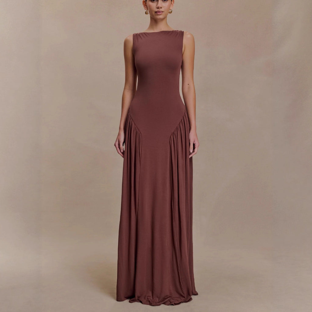brown pleated one-line neck pleated open back dress