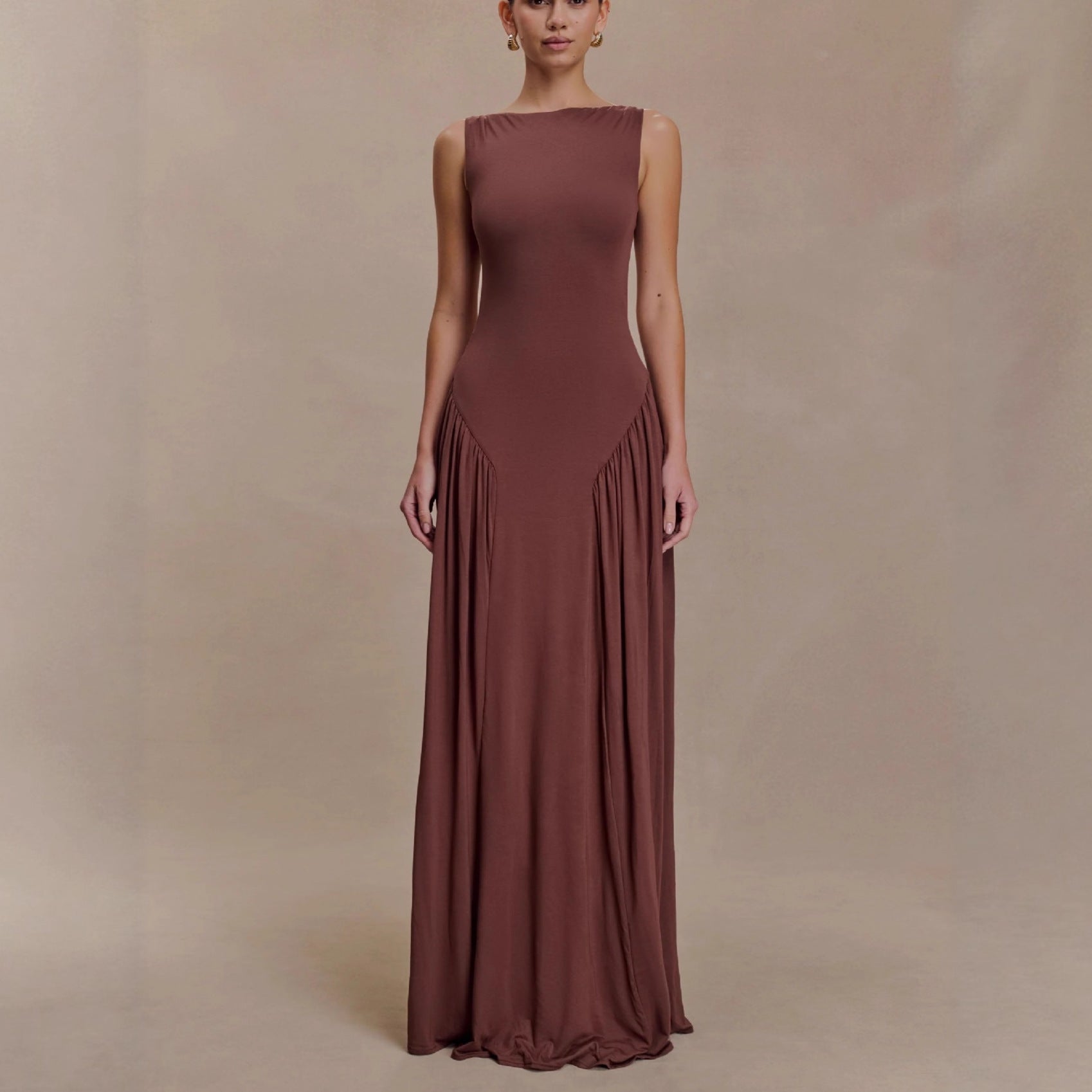 brown pleated one-line neck pleated open back dress