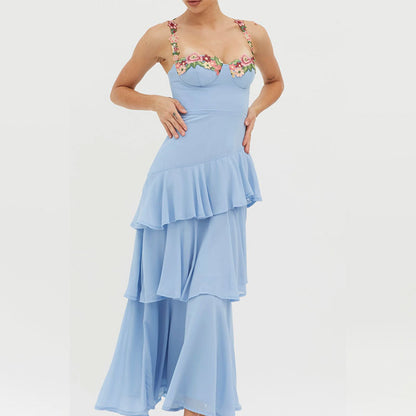 blue Cascading Ruffle Floral Decorative Dress