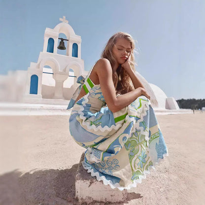 linen print backless bow tie dress