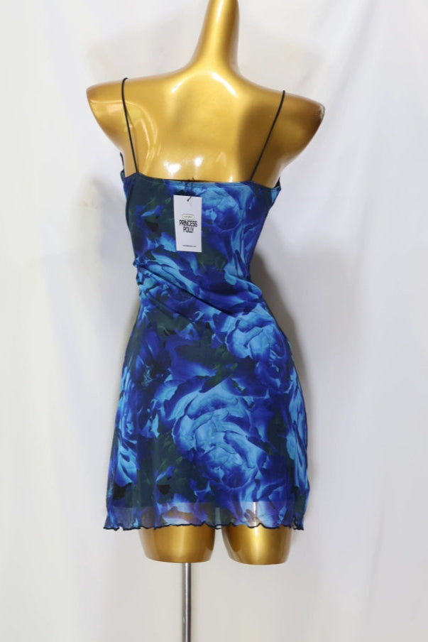 blue mesh suspender mini dress