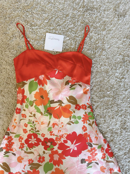 orange satin floral slip dress