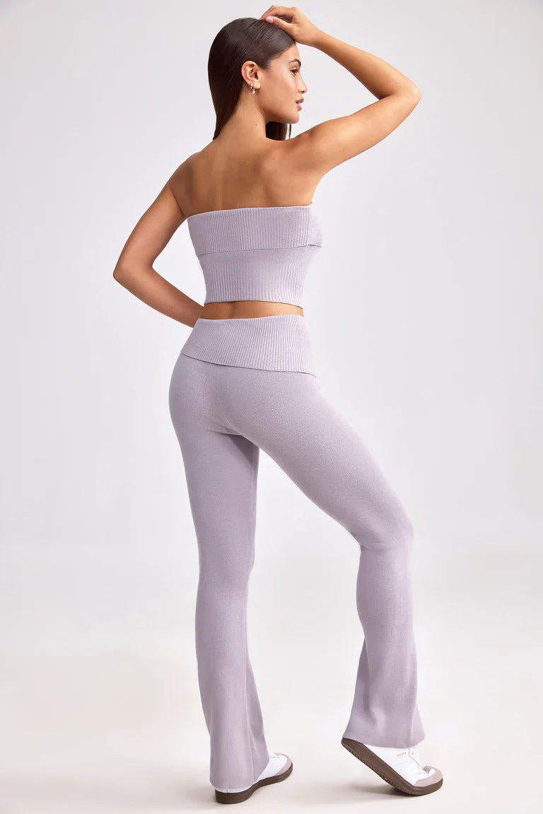 purple Strapless top and flared trousers two-piece set