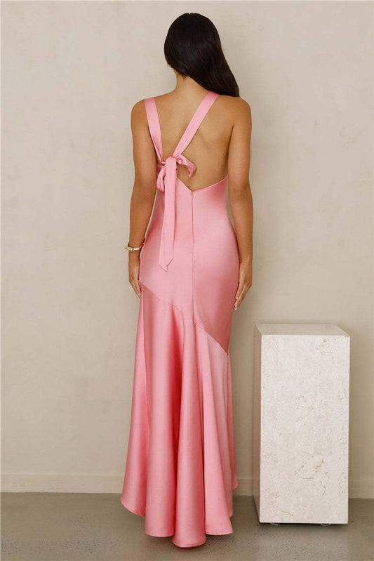 pink satin fishtail large swing maxi dress