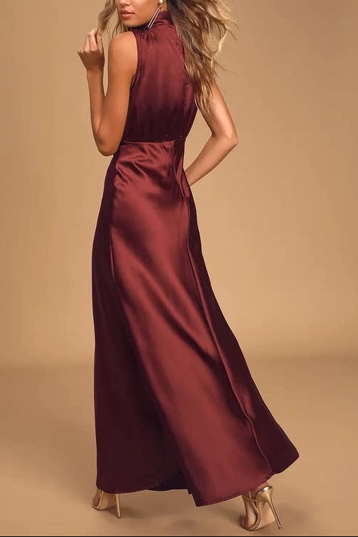 red stand collar slit banquet dress