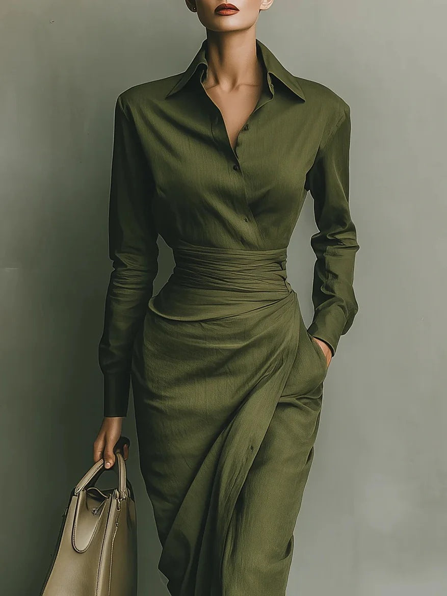 green Long Skirt Shirt Collar Long Sleeve Pocket maxi Dress