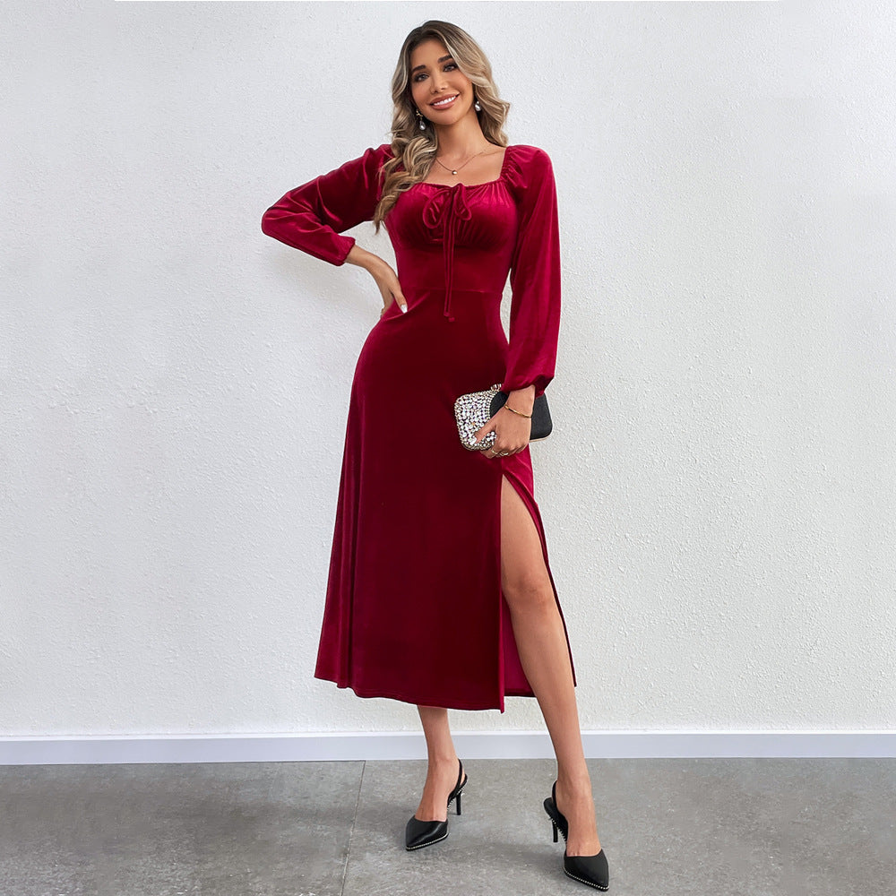 wine red Slit square neck puff sleeve long velvet dress