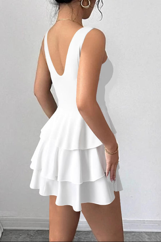 white V-neck low-cut halter top with ruffled hem mini dress