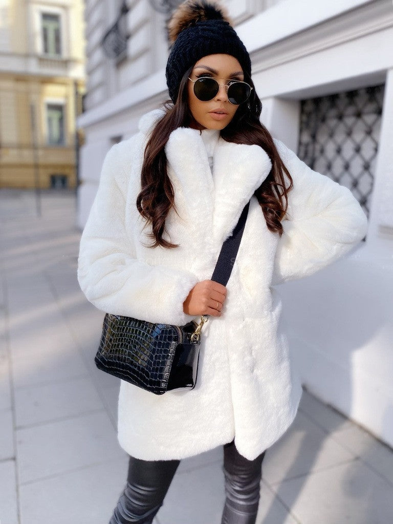 plus-size fur plush loose lapel midi coat