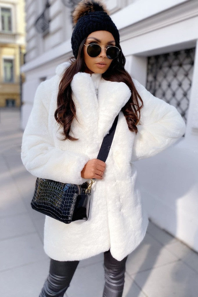 plus-size fur plush loose lapel midi coat