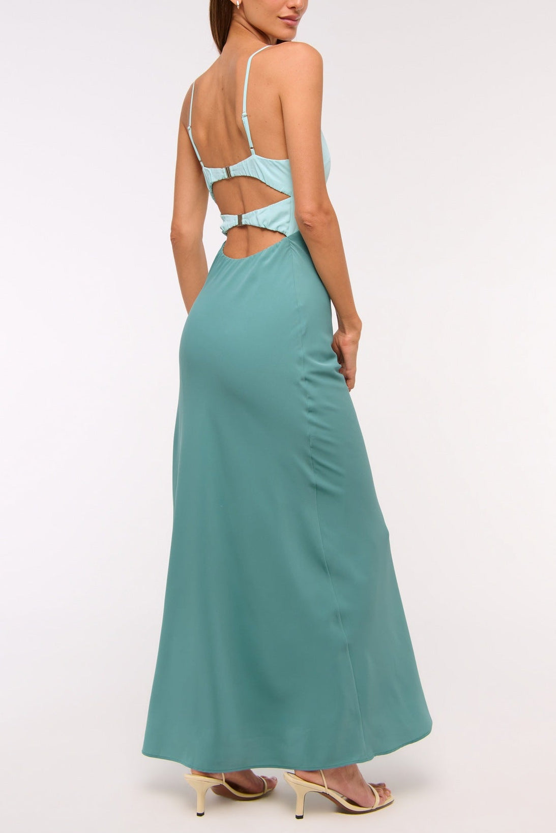 blue open back suspender color-blocking dress