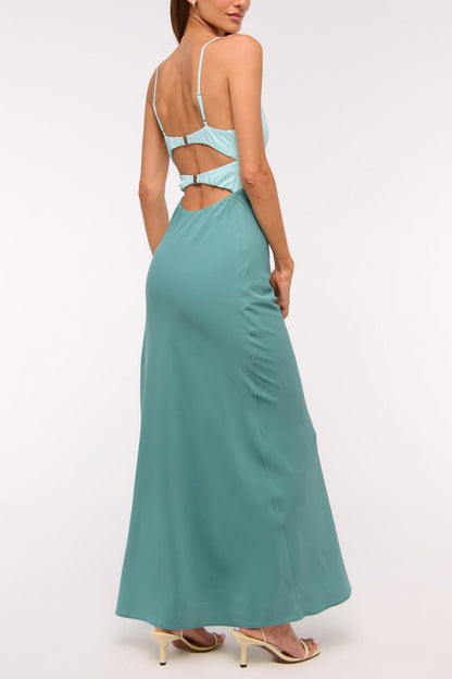 blue open back suspender color-blocking dress