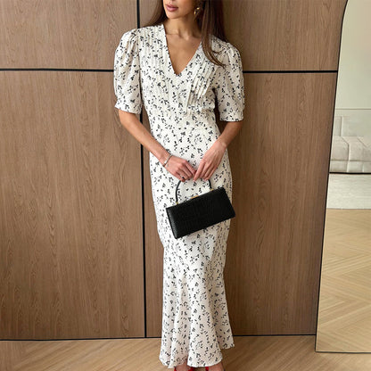 white floral print V-neck maxi dress
