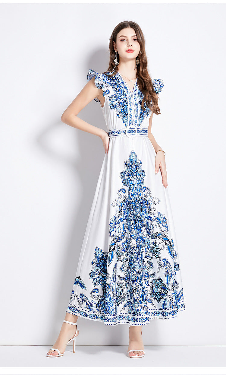 Printed V-neck lantern sleeve single-breasted dress