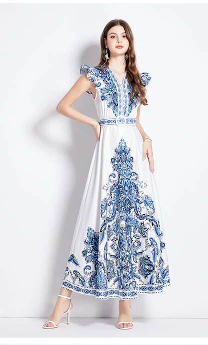 Printed V-neck lantern sleeve single-breasted dress