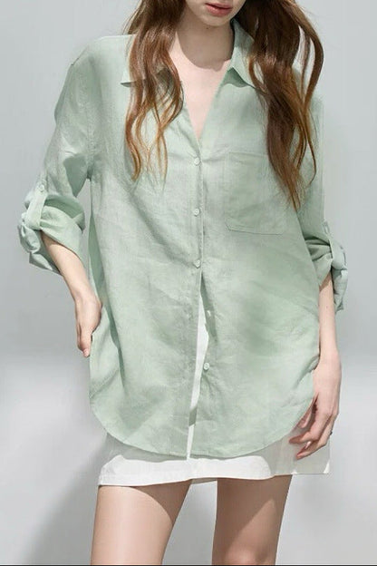 Loose-fitting lapel ramie long-sleeve shirt
