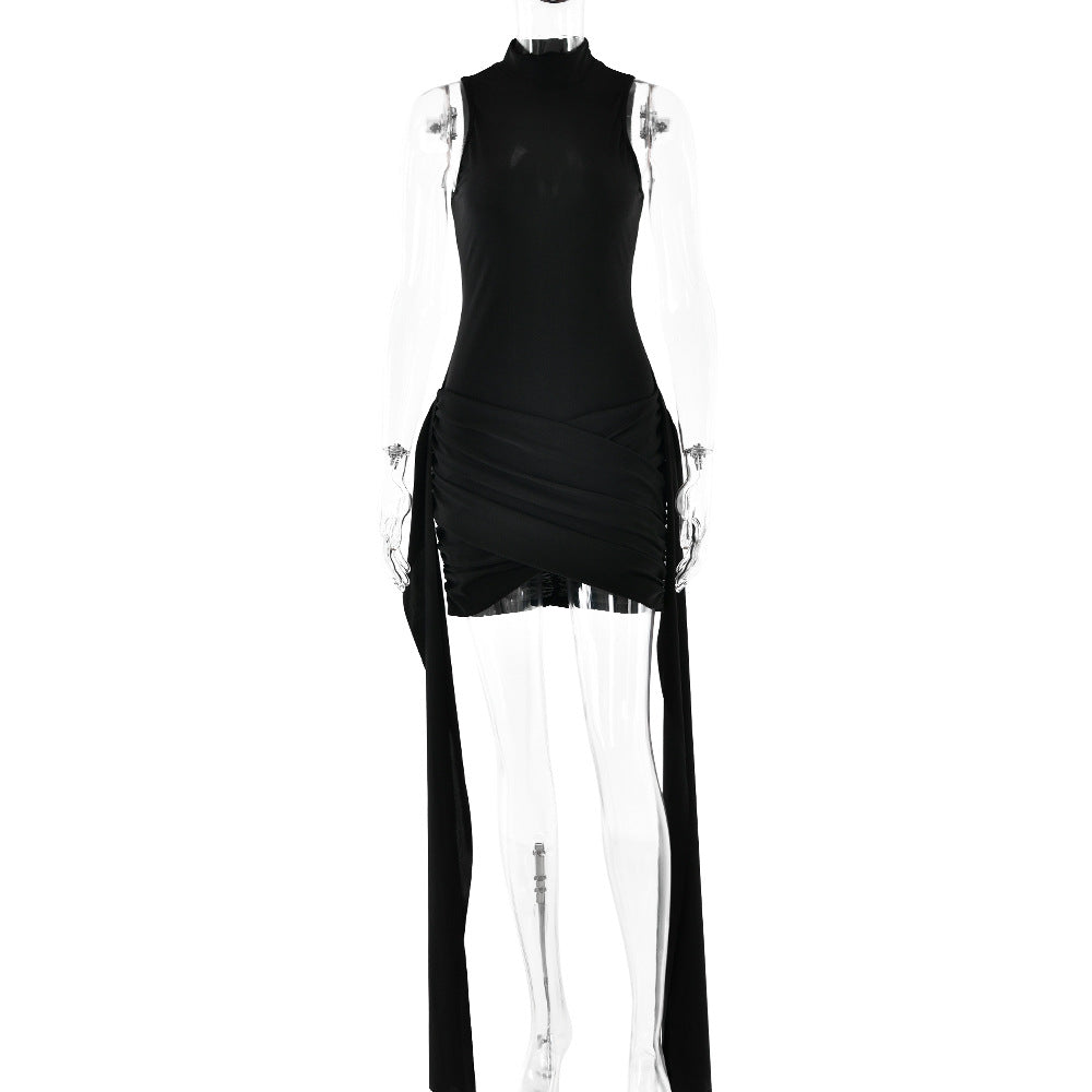 black round neck sleeveless hip tie dress