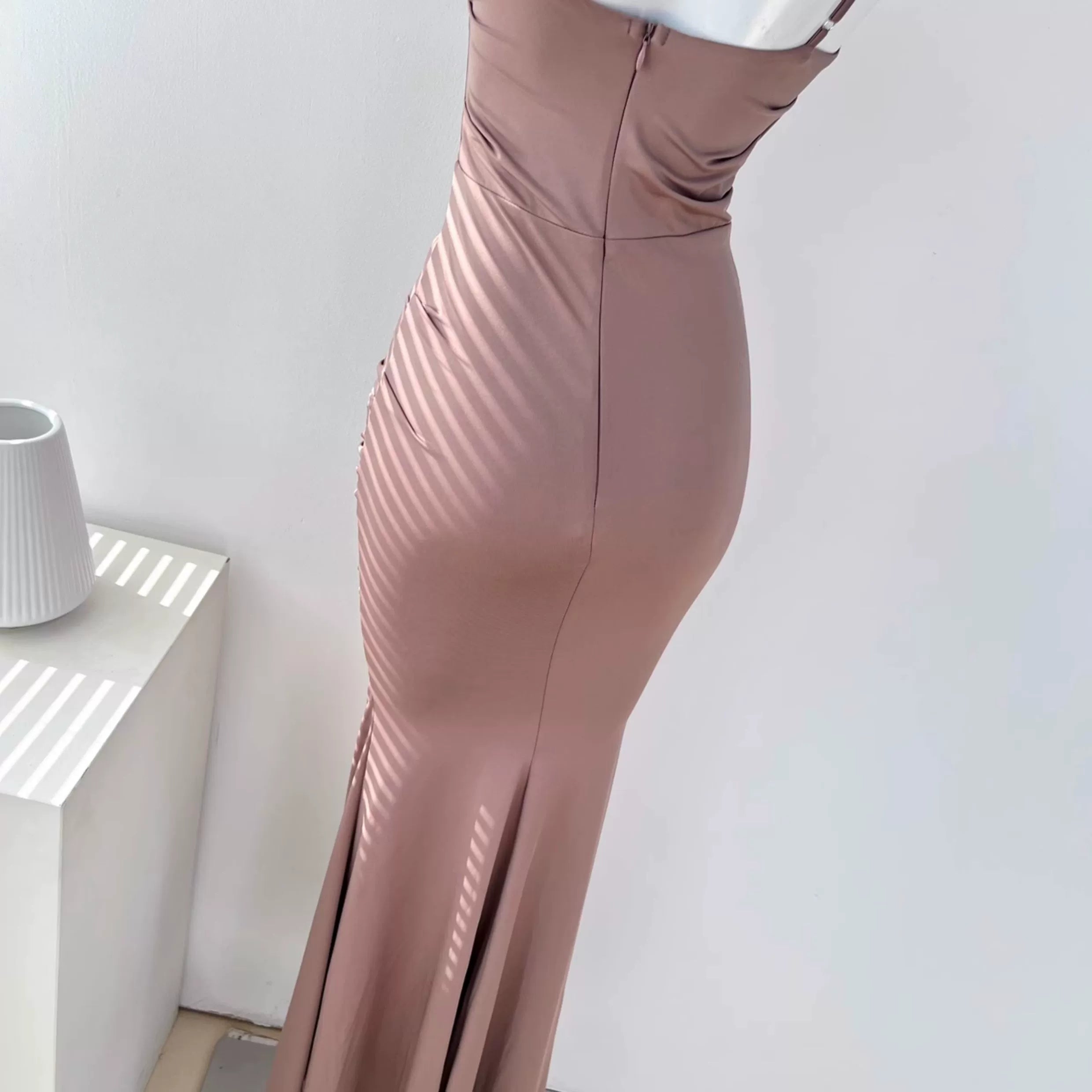 suspenders fishbone folds fishtail maxi dress