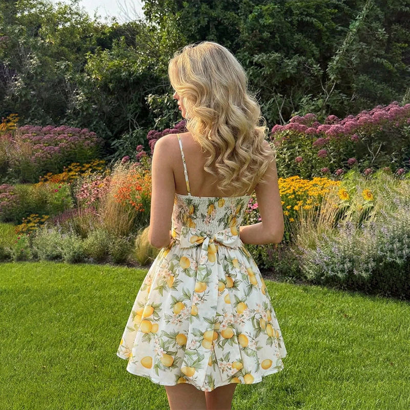 Lemon Bow Floral Suspender Waist Open Back  Dress