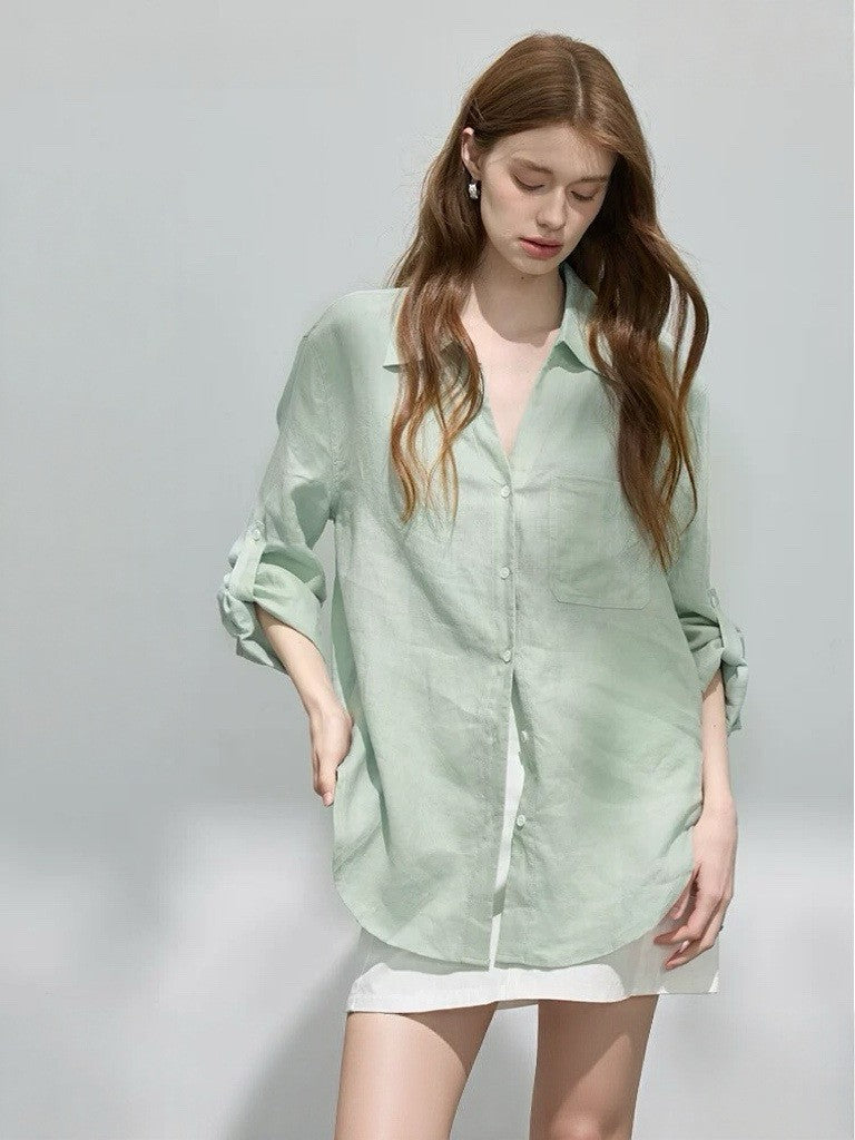 Loose-fitting lapel ramie long-sleeve shirt
