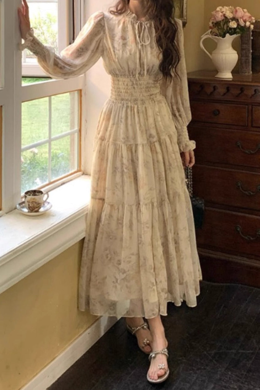 French floral print chiffon maxi dress