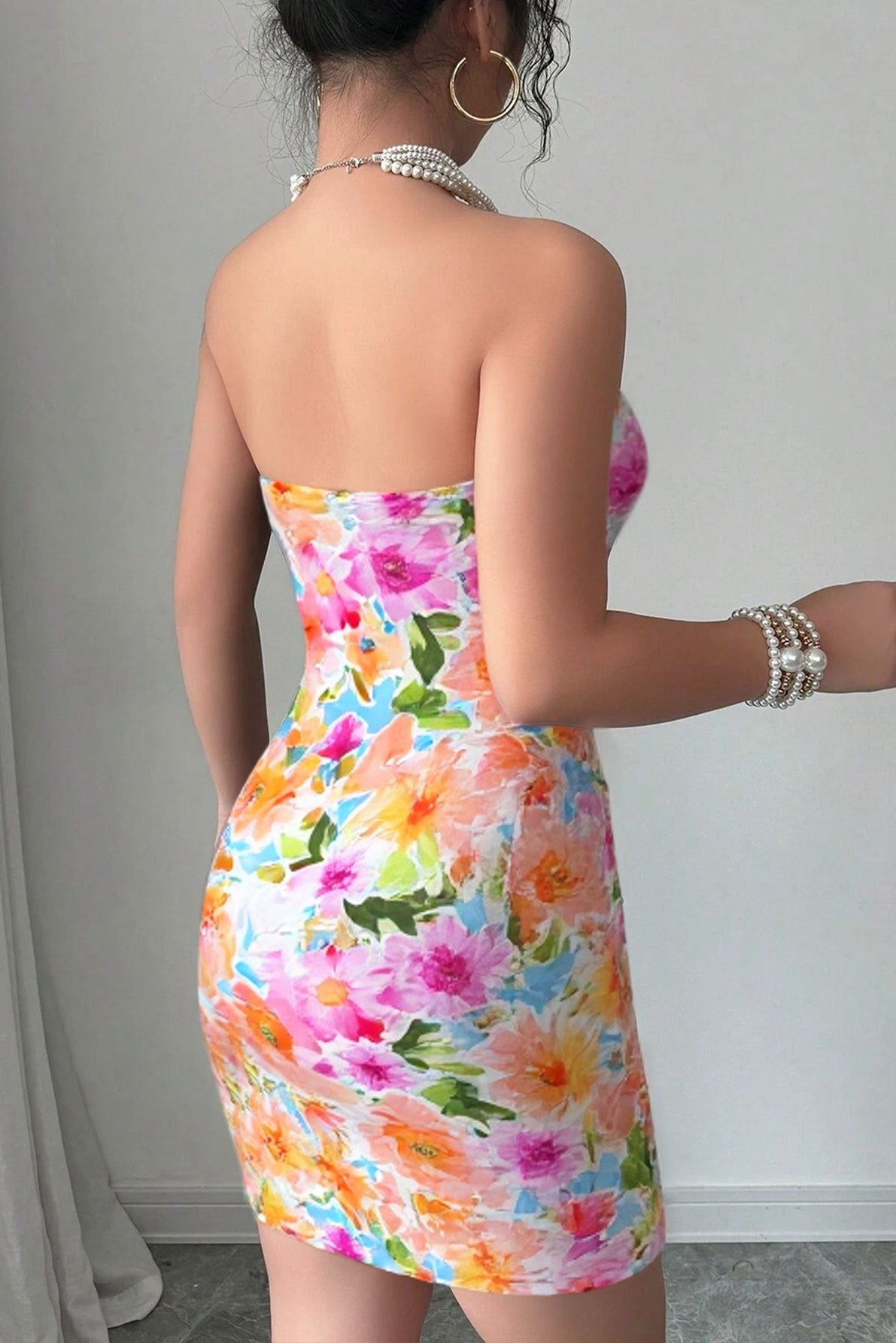 Floral print bodycon strapless mini dress