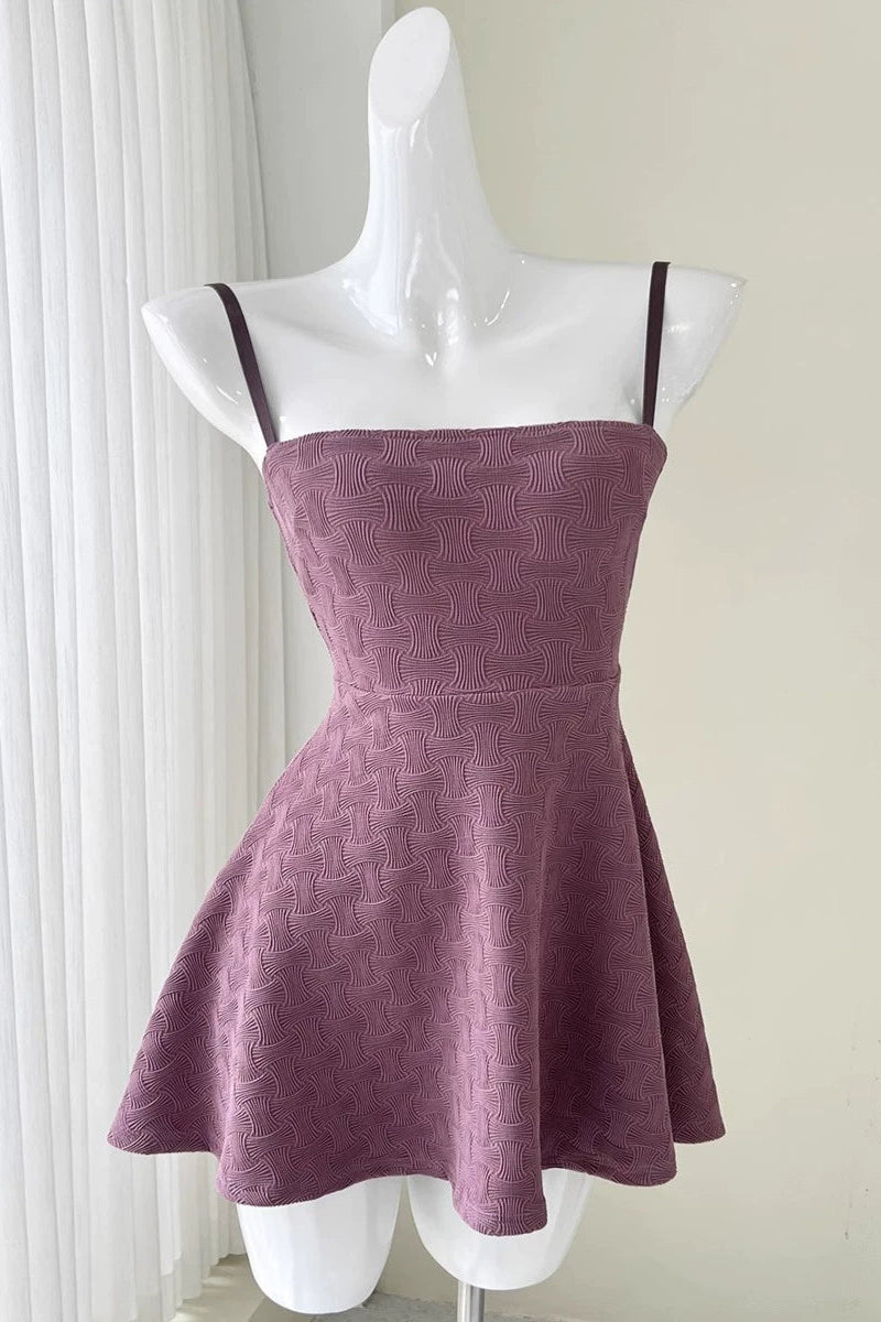 purple off-shoulder cinched waist A-line mini dress