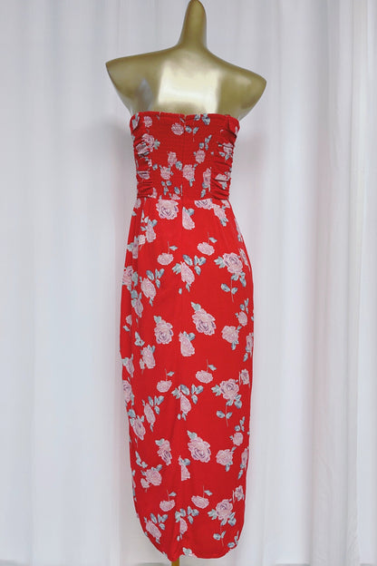 red floral pleated waist slit bandeau dress
