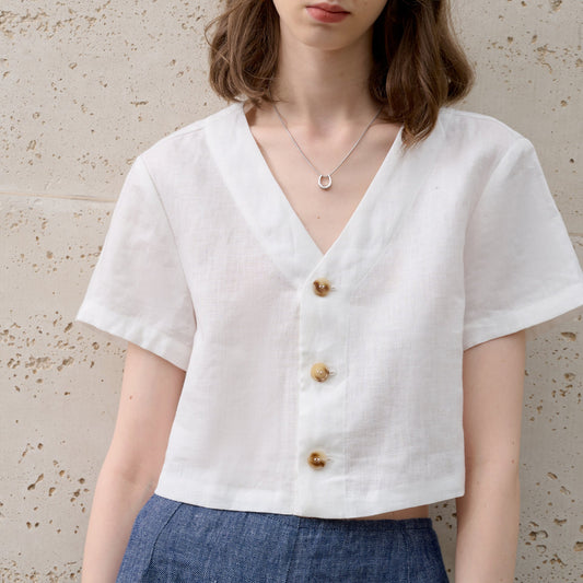 Linen cropped V-neck shirt for summer