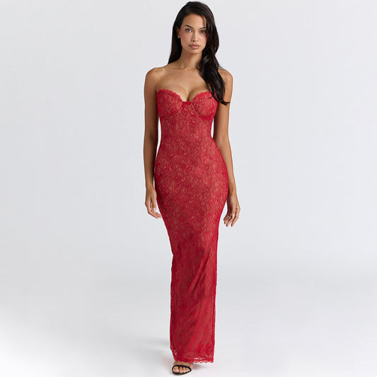 red lace see-through shawl long sleeve top bandeau mermaid skirt set