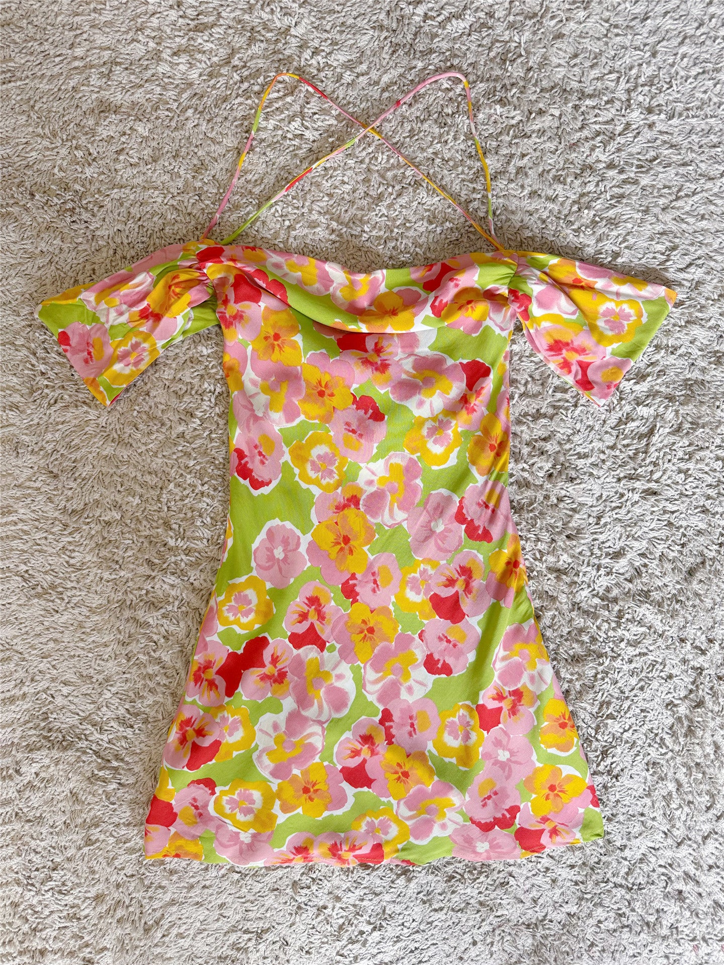 floral swing neck open back lace-up cotton dress