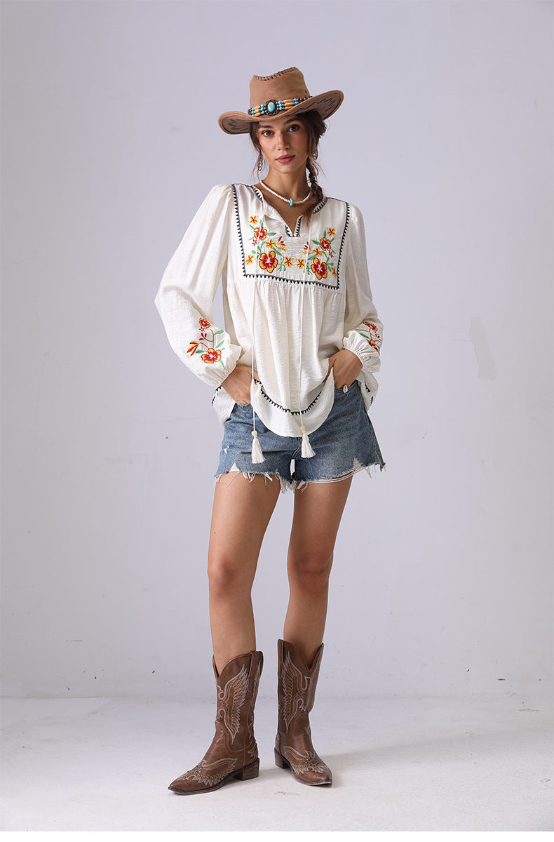 embroidered V-neck French long-sleeve shirt