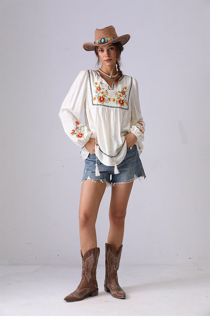 embroidered V-neck French long-sleeve shirt