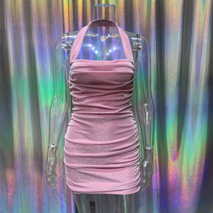pink neckline backless halterneck mini dress