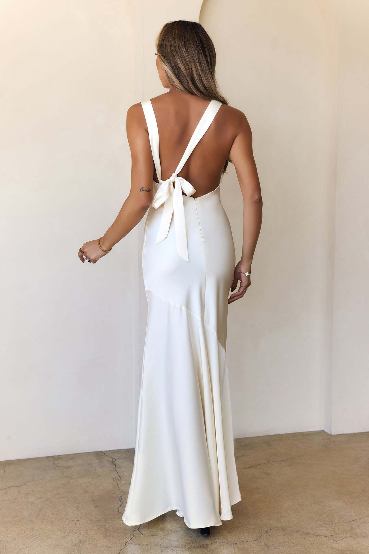 white satin fishtail large swing maxi dress