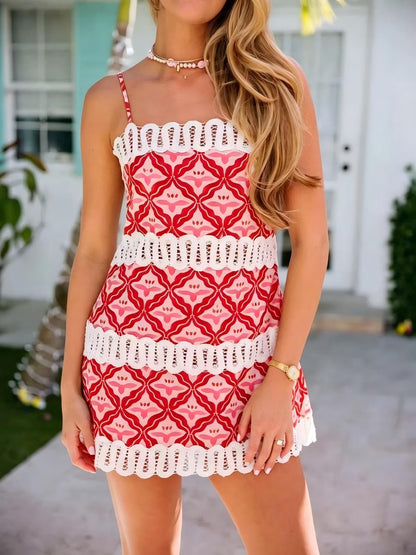 Lace-trim strapless linen mini dress