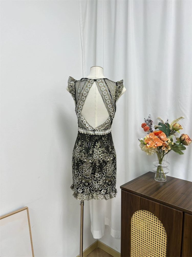 black sequins flower deep V backless mini dress