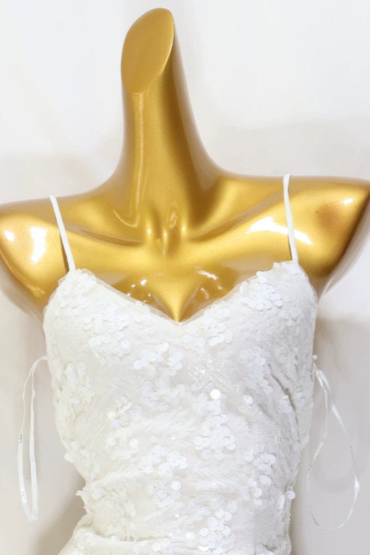 white sequin suspenders mini dress
