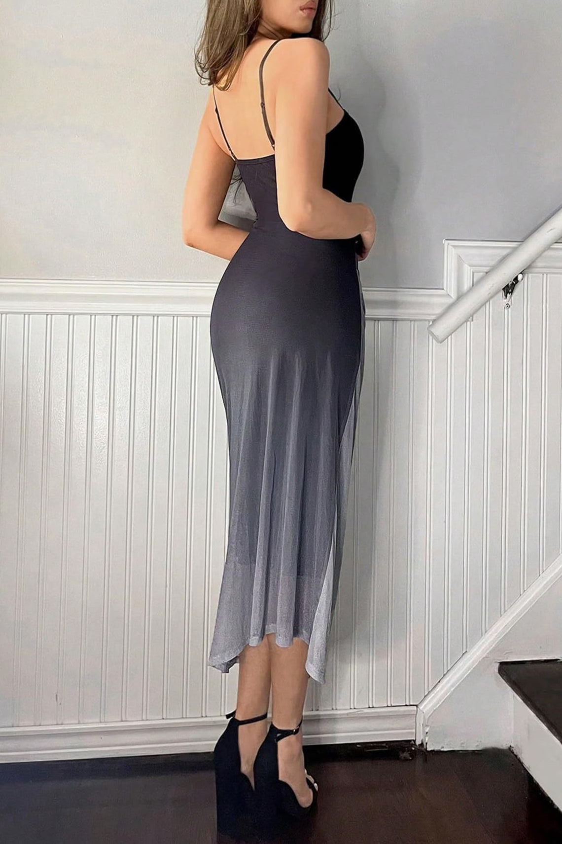 grey Mesh Suspender Backless Dress
