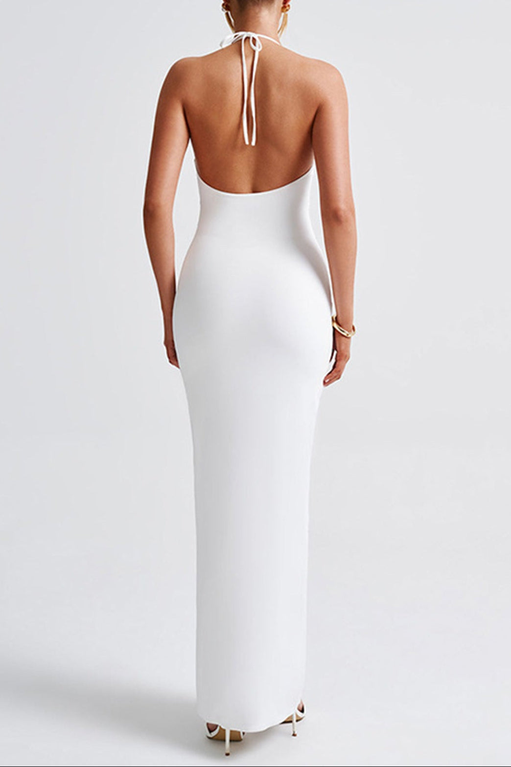 white Backless slit halter dress