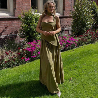 green slim strap open back streamer dress