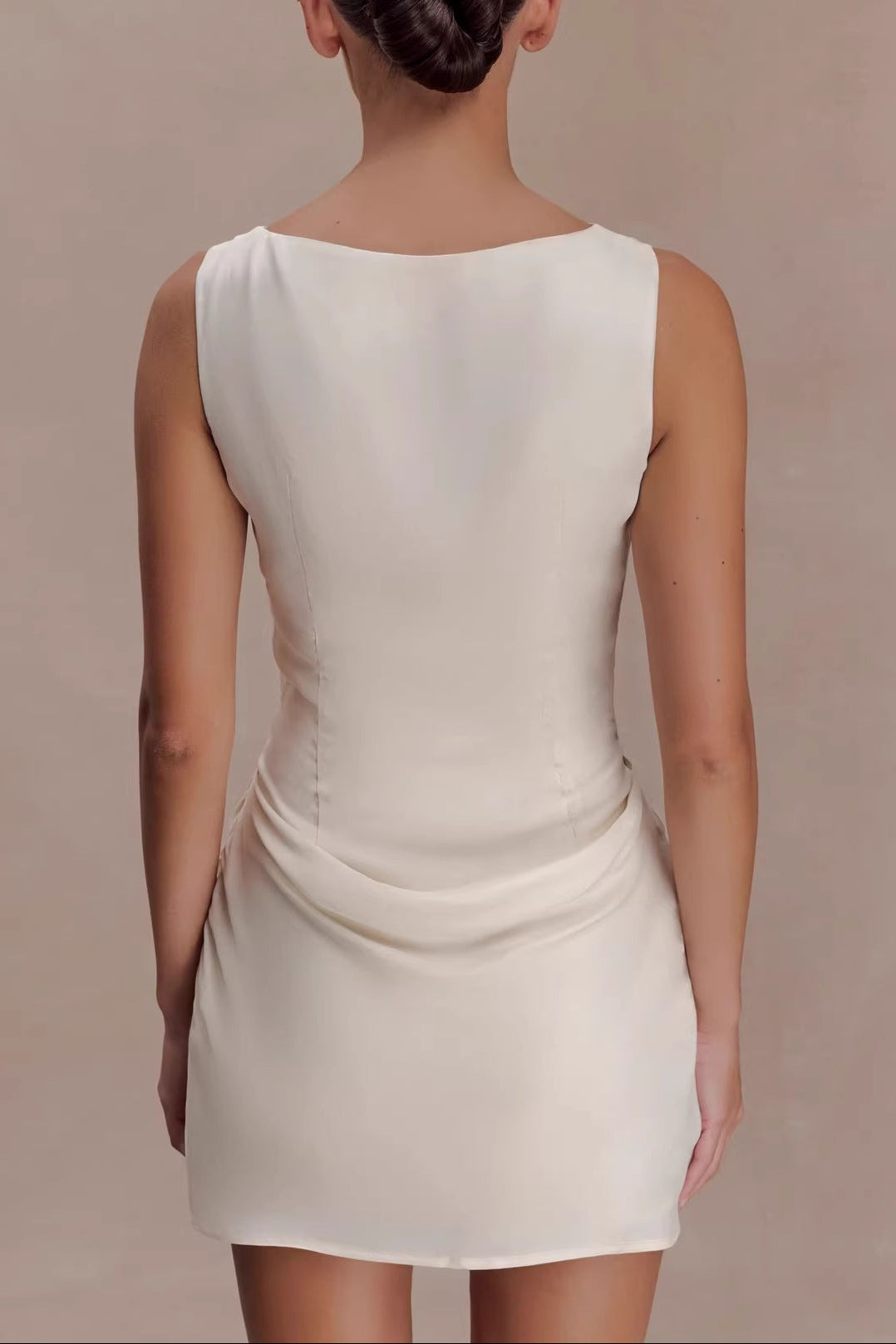 white sleeveless pleated suspender backless mini dress