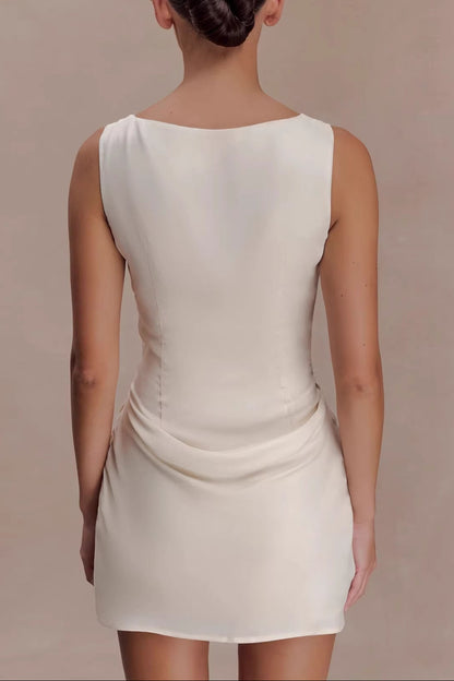white sleeveless pleated suspender backless mini dress