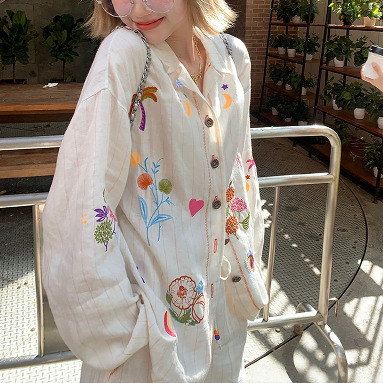 White embroidery cotton linen long sleeve shirt