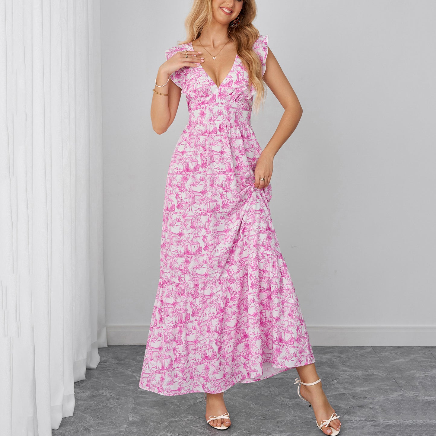 pink printed spaghetti strap V-neck backless tie-up dress