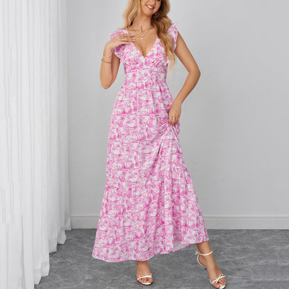 pink printed spaghetti strap V-neck backless tie-up dress