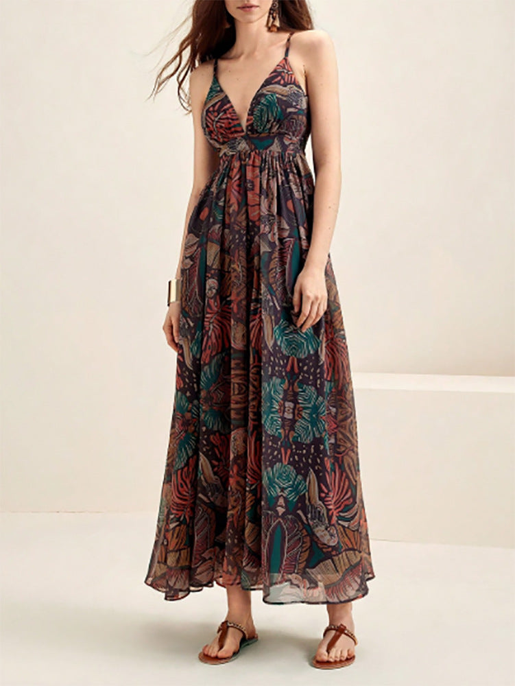 Printed V-neck Seaside Suspender Dress