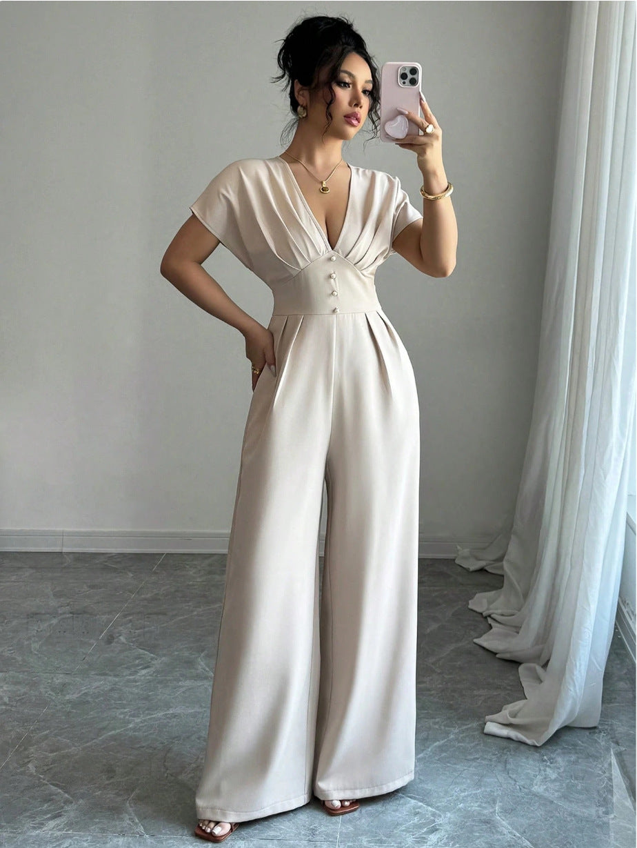apricot V-neck short-sleeved waist wide-leg jumpsuit