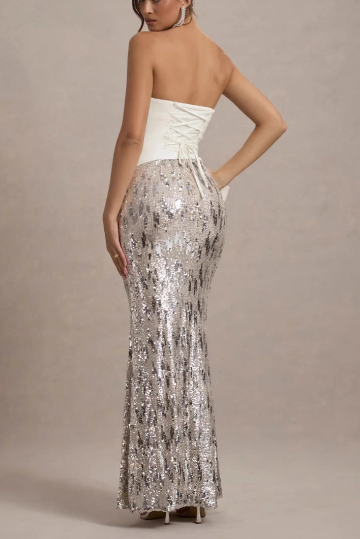 whtie V-neck strapless maxi dress