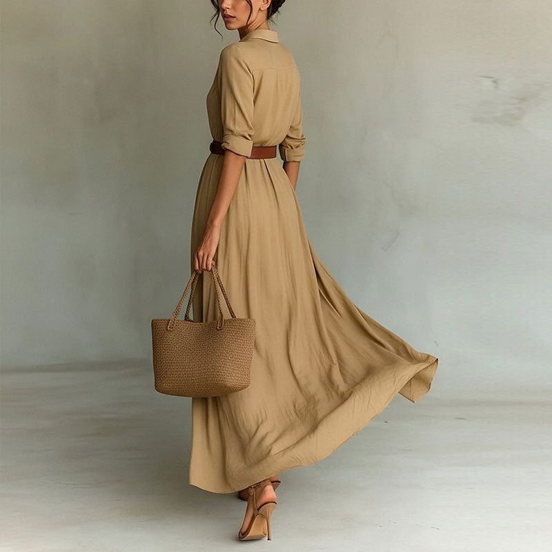 khaki waist slim V-neck dress